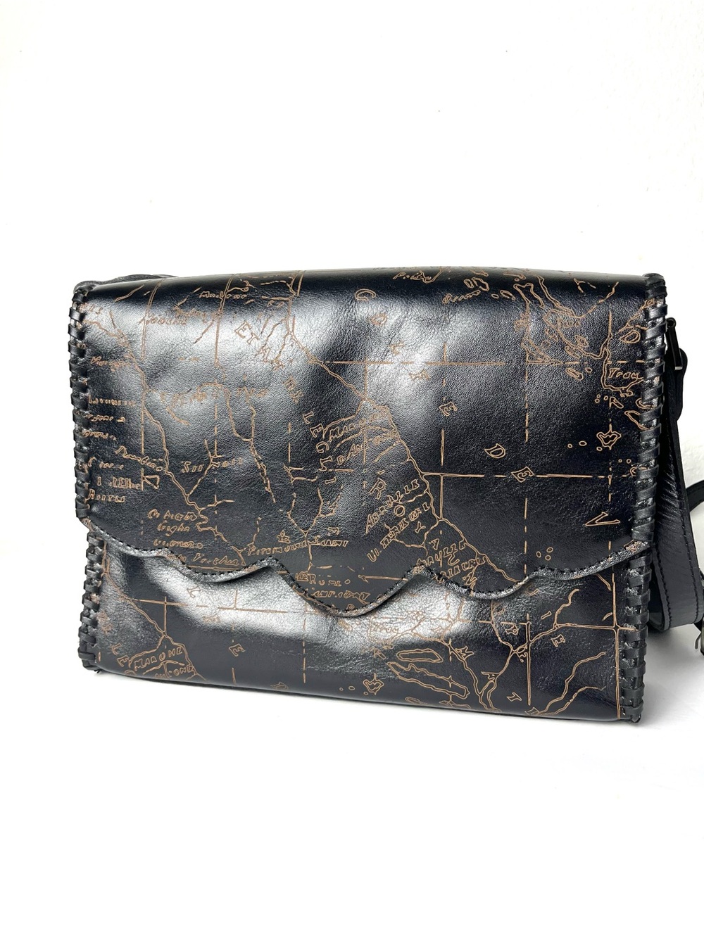 Patricia Nash Genuine Leather Crossbody Black Bag Map Print Signature Fabric